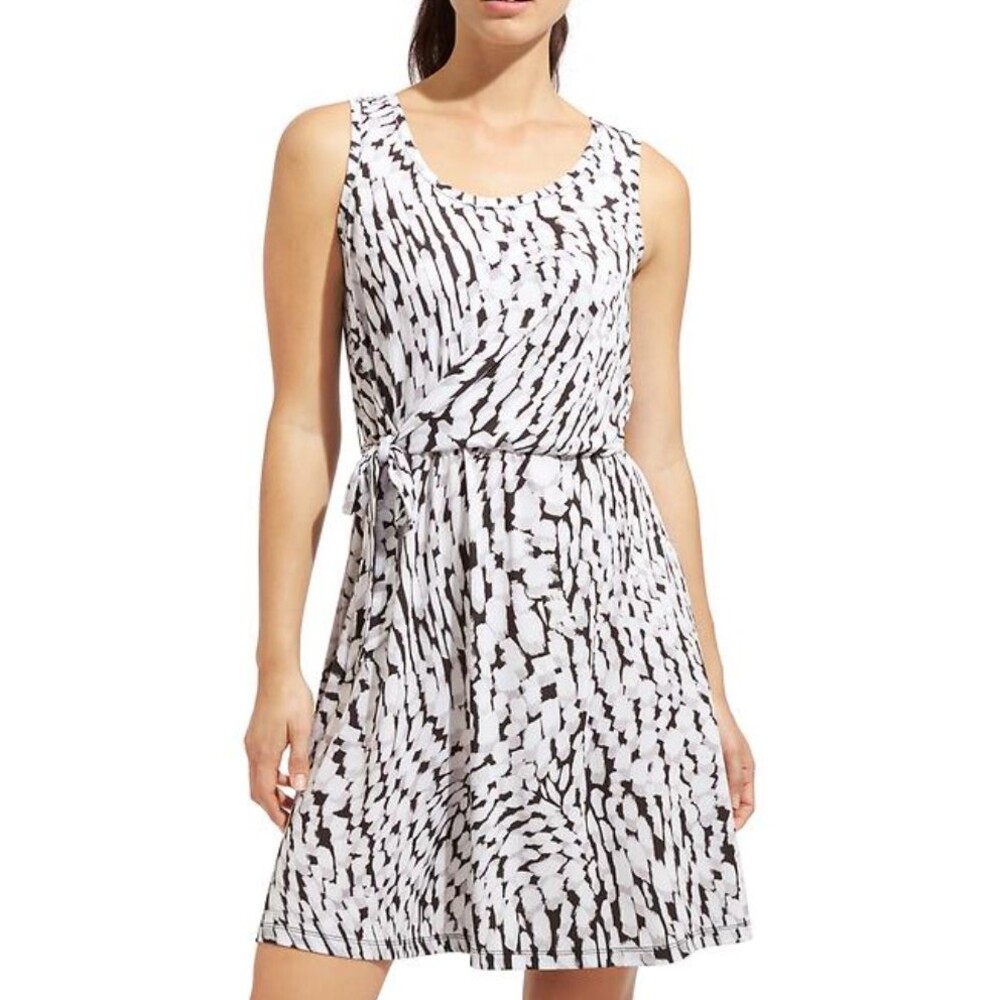 Athleta Sweet Saturday Dress Black White Abstract Stretch Faux Wrap M